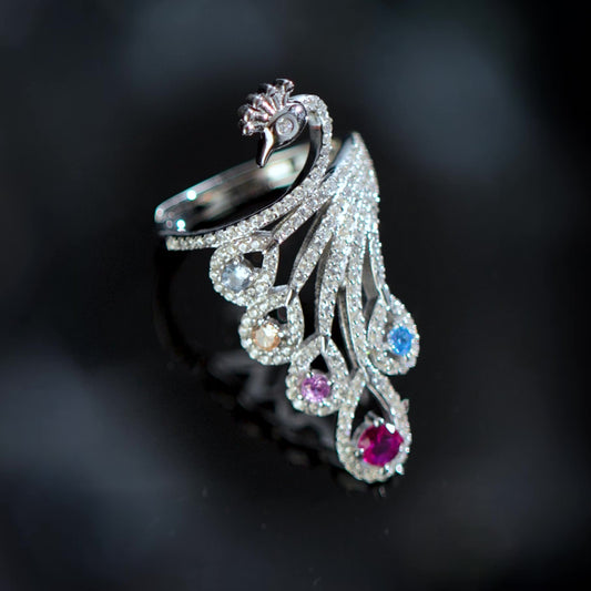Peacock’s Wings of Wonder Rhodium Plated Ring (Adjustable)