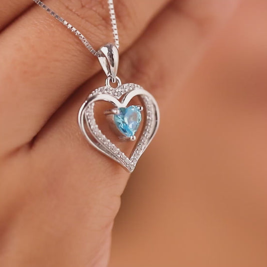 The Dancing Ocean Blue Heart Rhodium Plated 925 Silver Necklace
