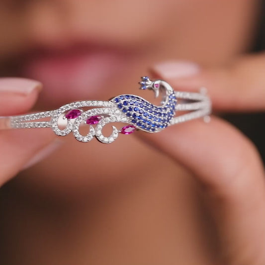 Regal Plumage Rhodium-Plated 925 Sterling Silver Peacock Bracelet