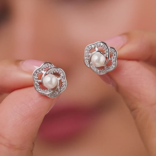 The Pearl Nest Stud Rhodium Plated Earrings