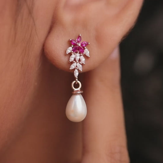 Ruby Pearl Drop 925 Sterling Silver Earrings