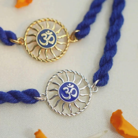 Divine Om Chakra Gold Plated Blue Enamel Silver Rakhi (Zavya Signature)