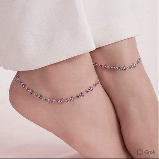 Colorful Floral Rhodium Plated 925 Sterling Silver Anklet