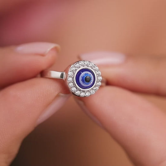 Mystic Ward Evil Eye CZ Rhodium Plated 925 Sterling Silver Ring (Adjustable)