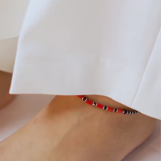 Classic Black & Red Beaded Rhodium Plated 925 Silver Anklet
