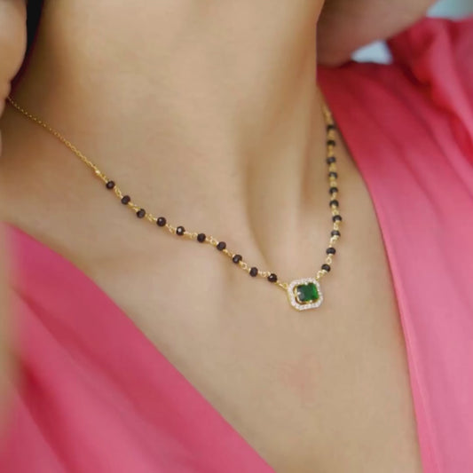 Divine Charm 925 Sterling Silver Mangalsutra with Green CZ and Beads in Gold Plating