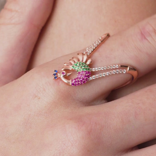 Regal Peacock Multi CZ Gold Plated 925 Silver Womens Ring