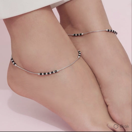 Chic Black Beaded Rhodium Plated 925 Silver Box Chain Anklet