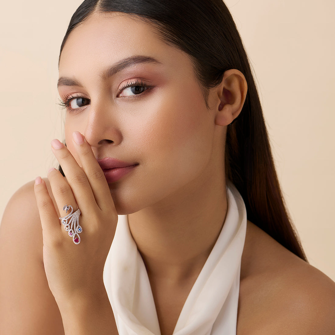 Peacock’s Wings of Wonder Rhodium Plated Ring (Adjustable)