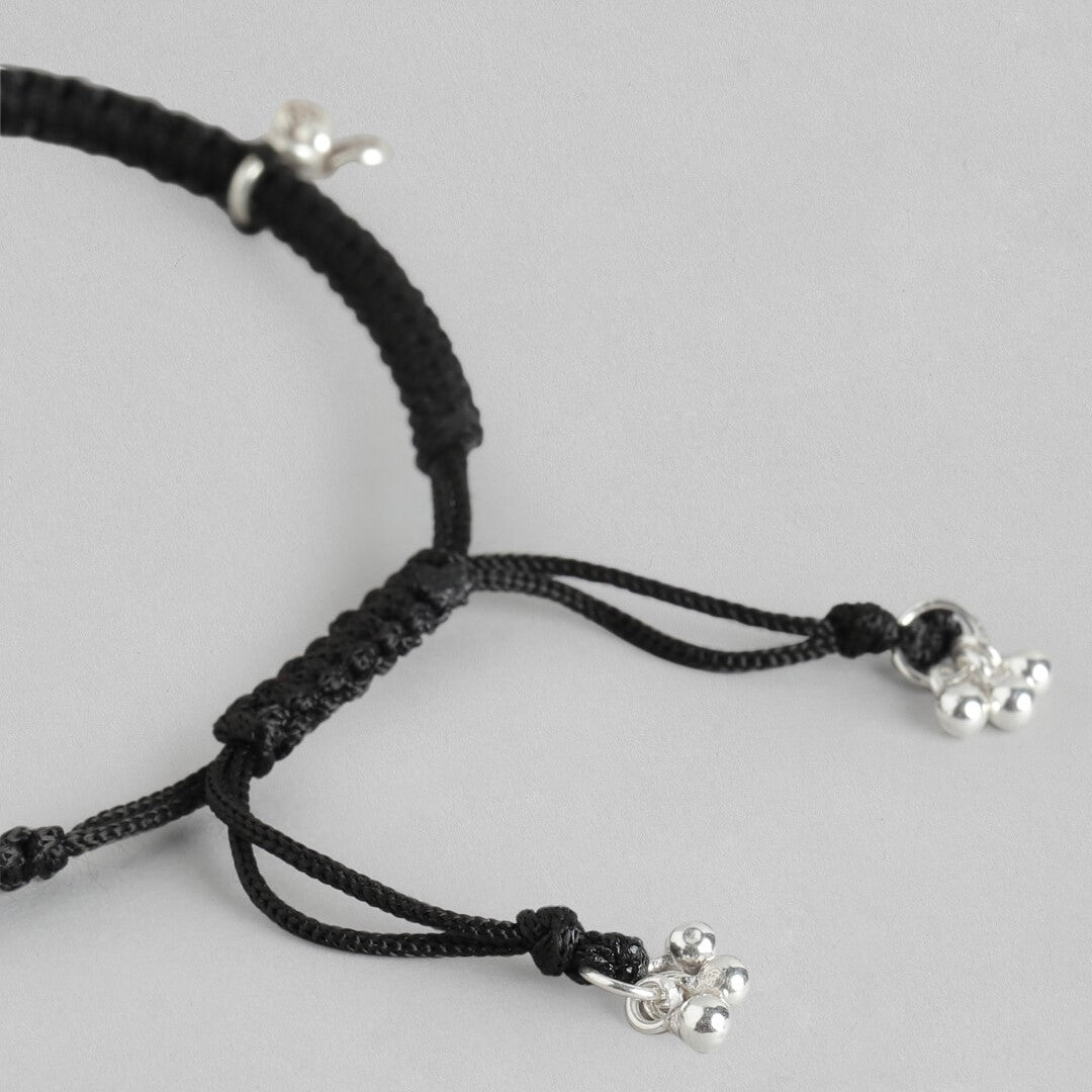 Floral Black 925 Sterling Silver Rhodium-Plated Thread Anklet