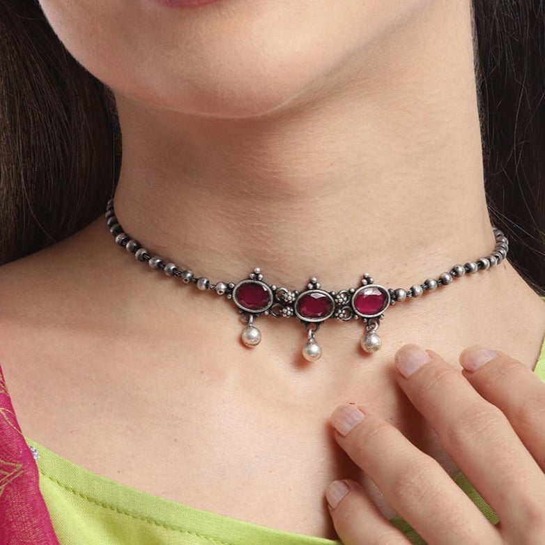 Buy Teejh Ethnic Silver Oxidised Choker Necklace Set Online for Women