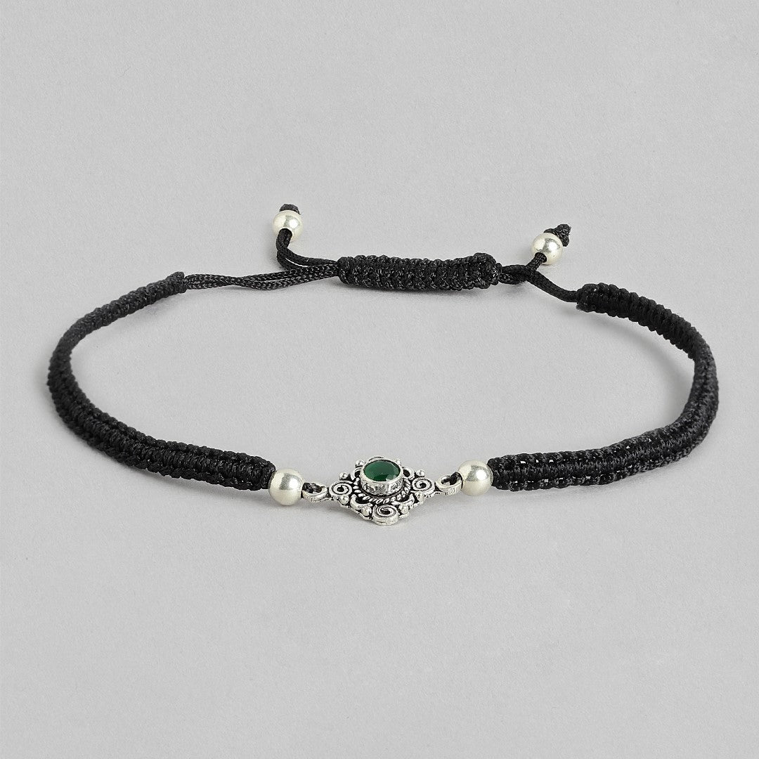 Green Stone Floral Rhodium Plated 925 Sterling Silver Thread Anklet