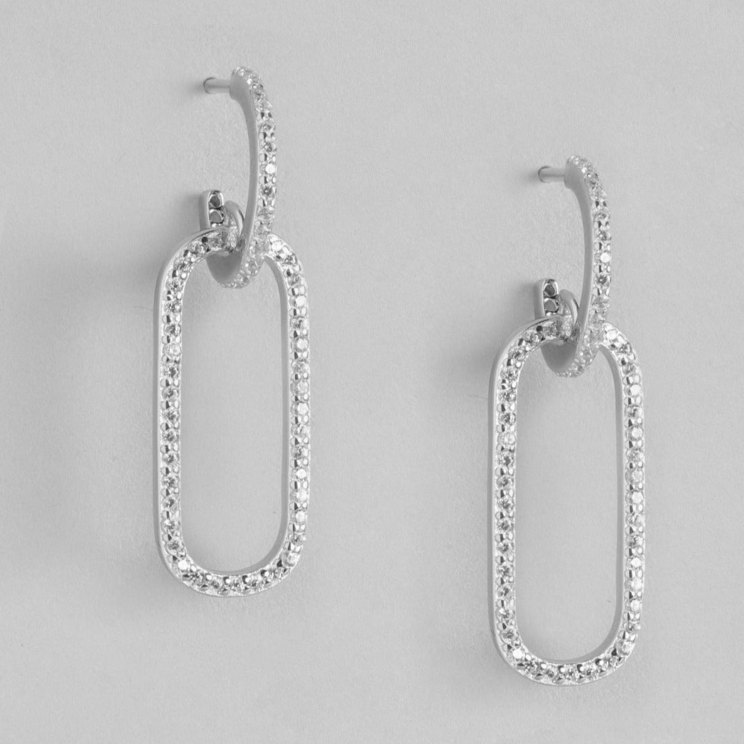 Rectangular  CZ Studded 925 Sterling Silver Drop Earrings