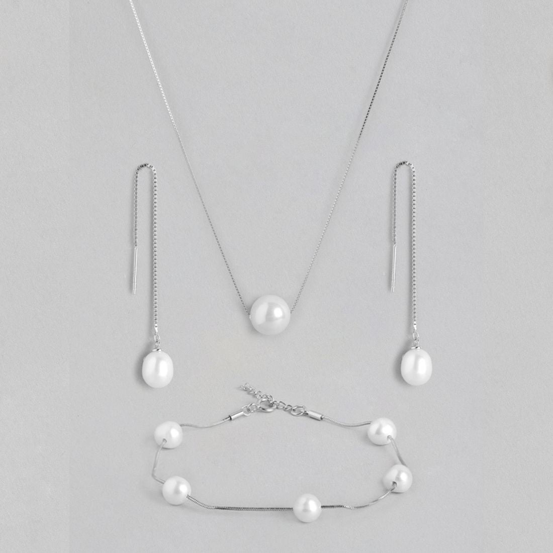 Classic Pearl Rhodium Plated 925 Sterling Silver Jewellery Set