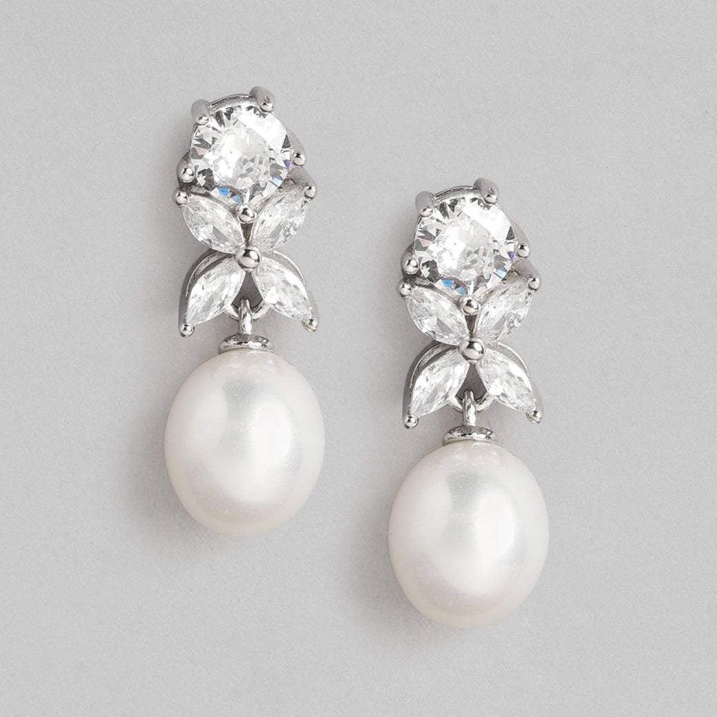 Pearl Drop CZ Floral Rhodium Plated 925 Sterling Silver Earring
