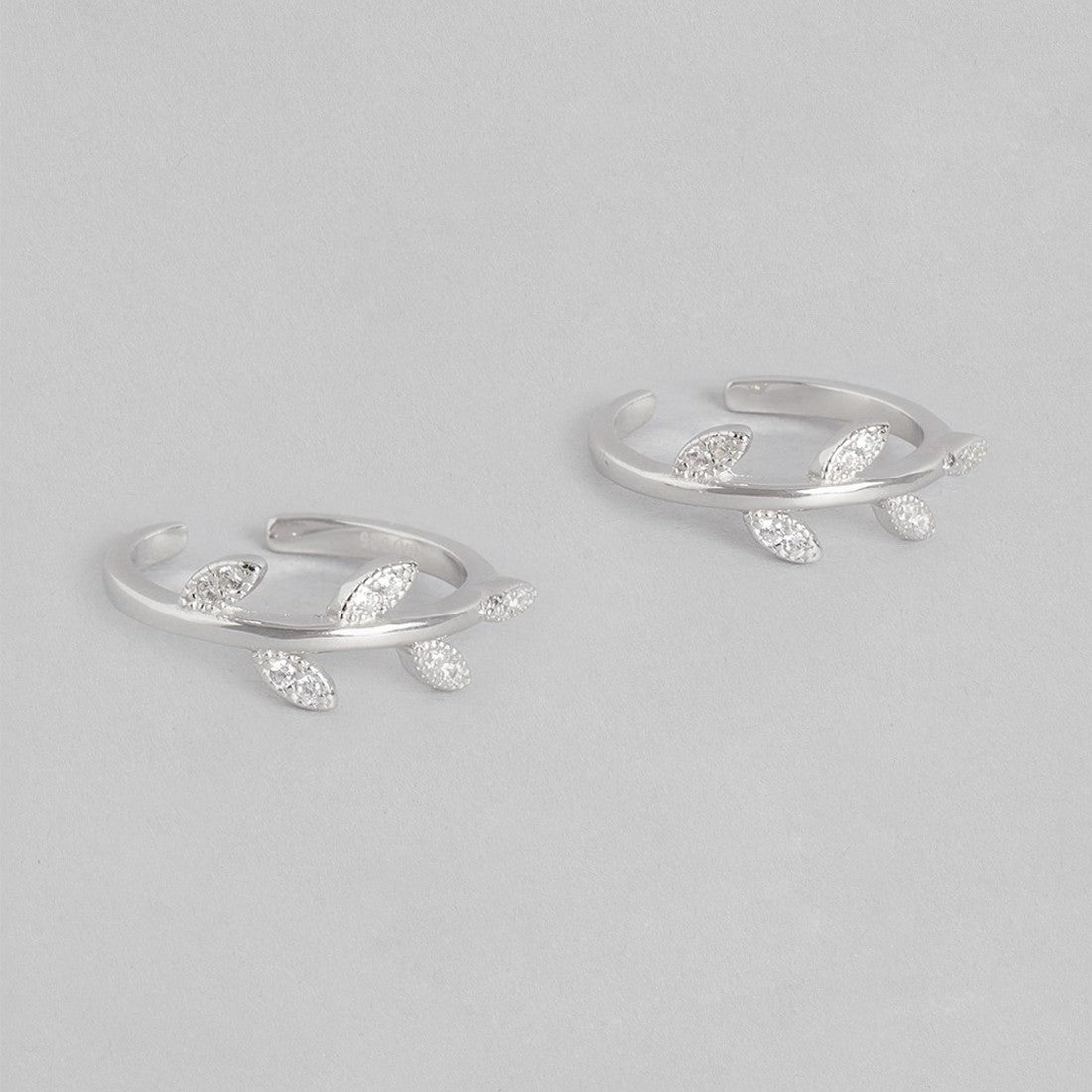 Classy CZ Leaf Rhodium Plated 925 Sterling Silver Toe Rings