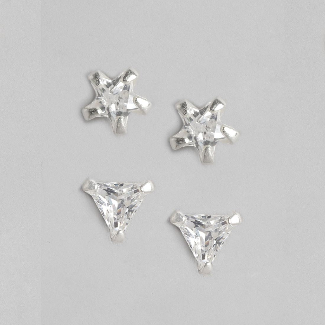 Rhodium Plated Star-Edgy Triangle Zircon 925 Sterling Silver Earring Combo