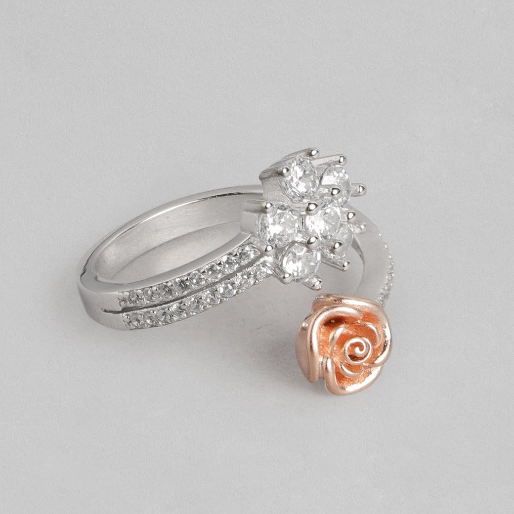 Rose CZ Studded Rhodium Plated 925 Sterling Silver Ring For Her