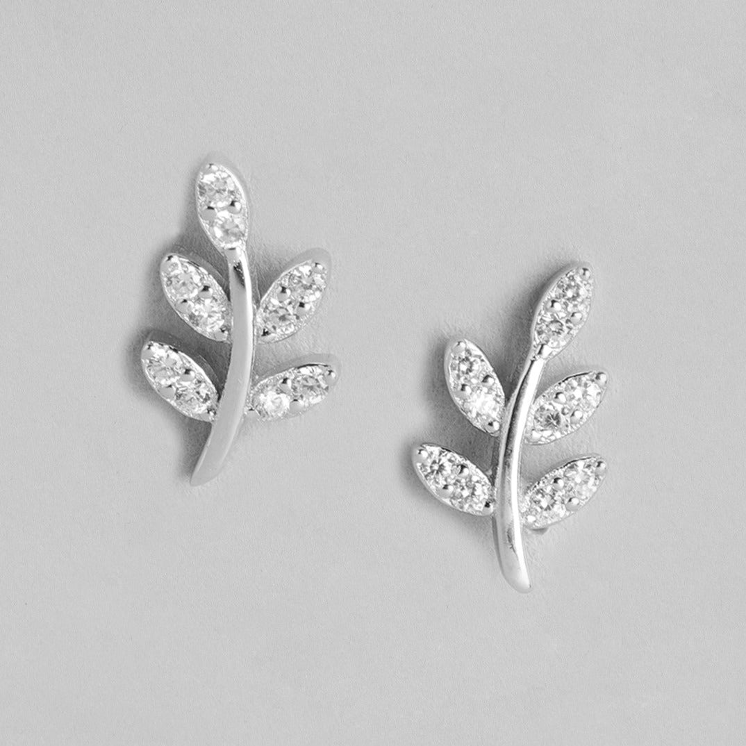 Minimal Leaf CZ Rhodium Plated 925 Sterling Silver Earring