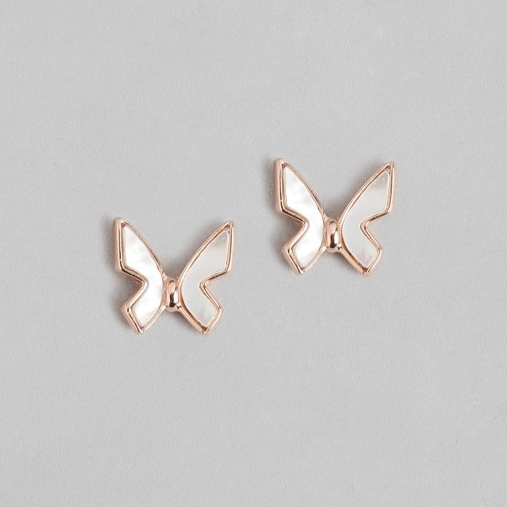 White Butterfly Rose Gold Plated 925 Sterling Silver Stud Earrings