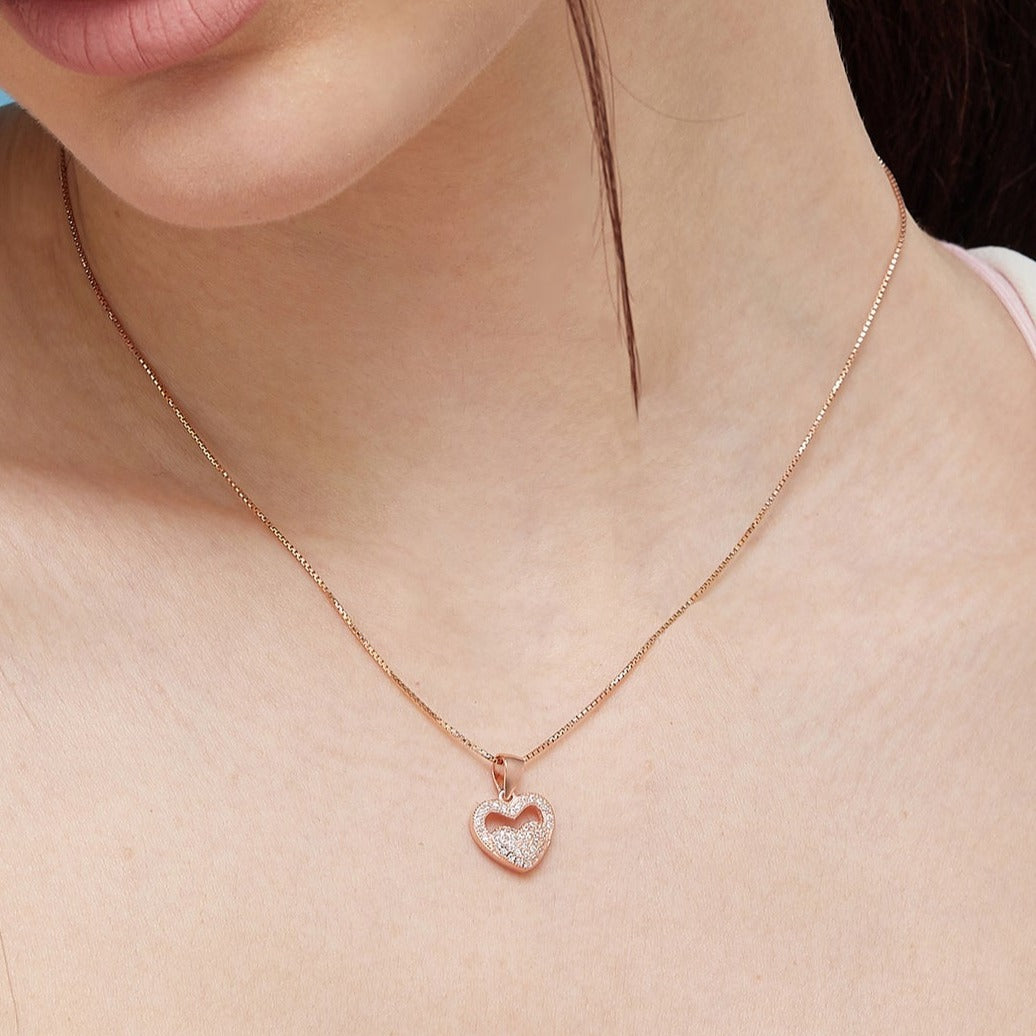 Heart in Heart 925 Silver Necklace in Rose Gold