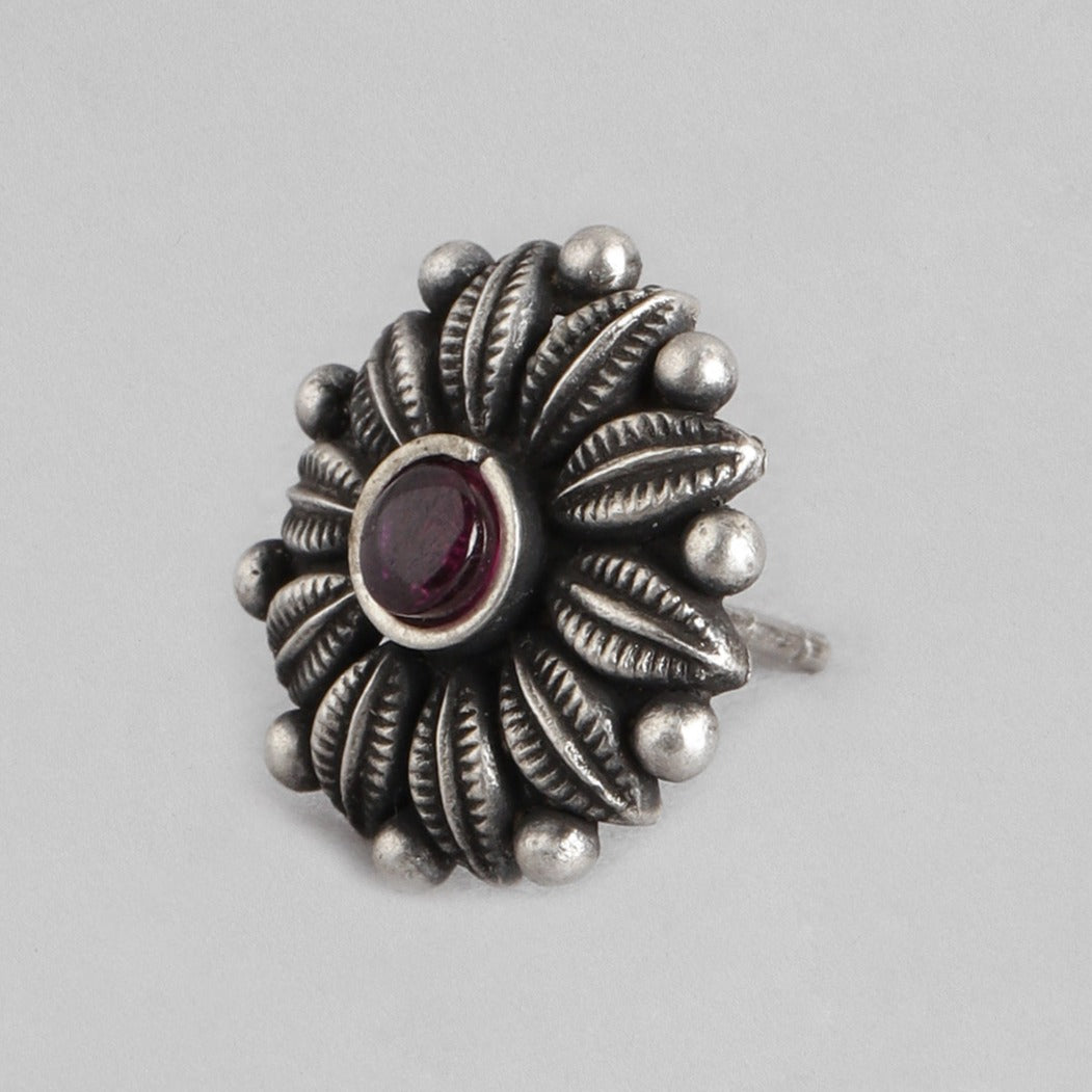 Ruby Flower Oxidised 925 Sterling Silver Earrings