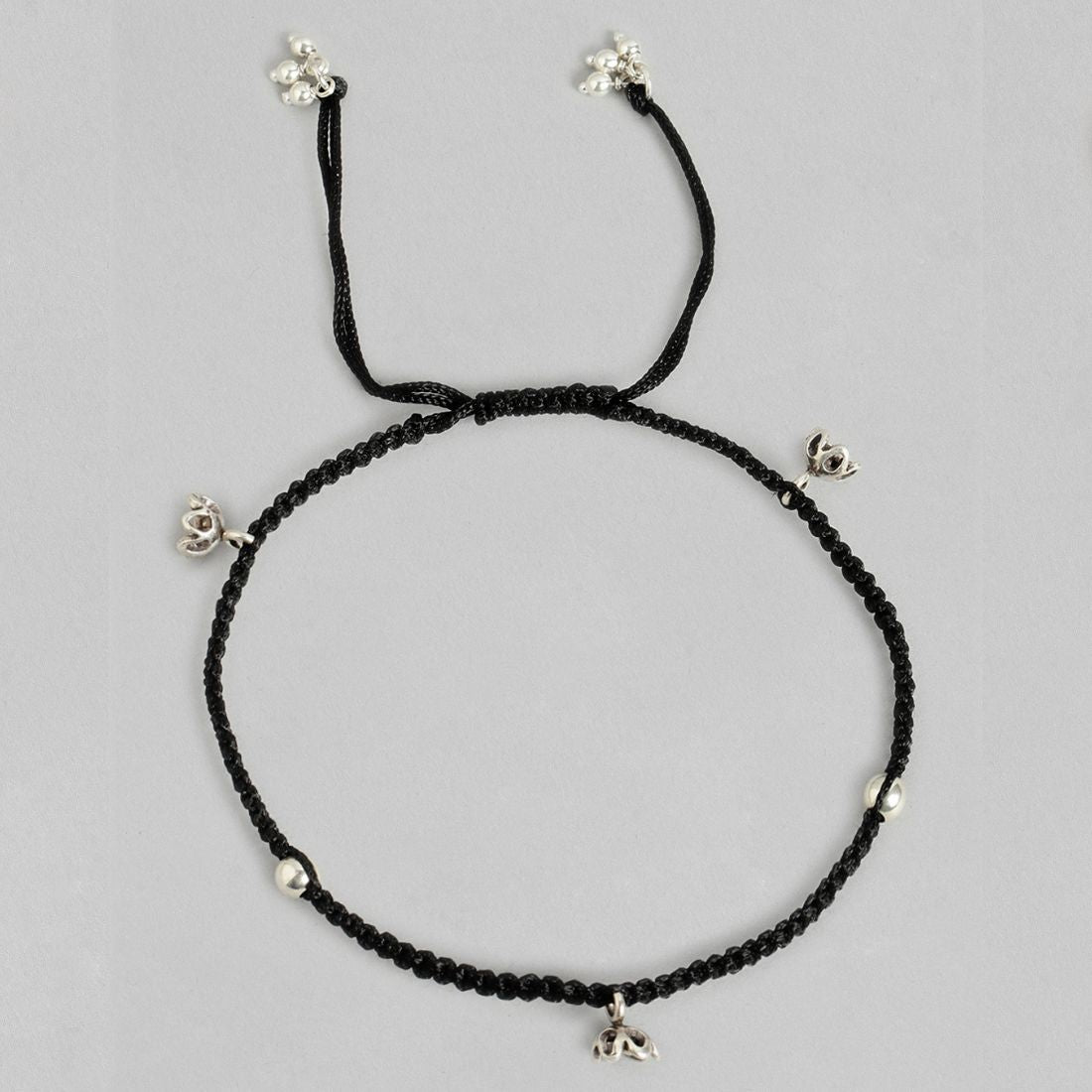 Black Thread with Floral Charms 925 Silver Anklet