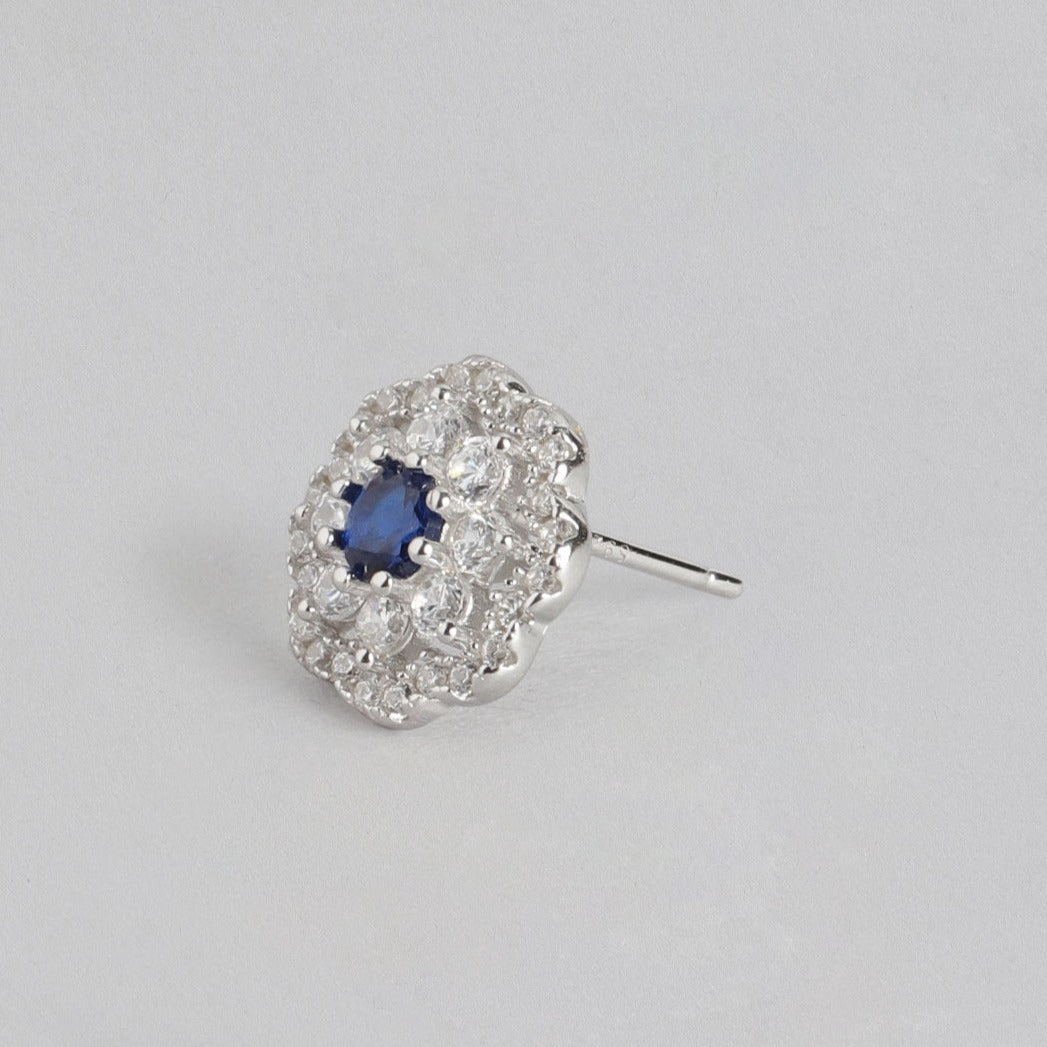Floral Blue Stone Studded 925 Sterling Silver Stud Earrings