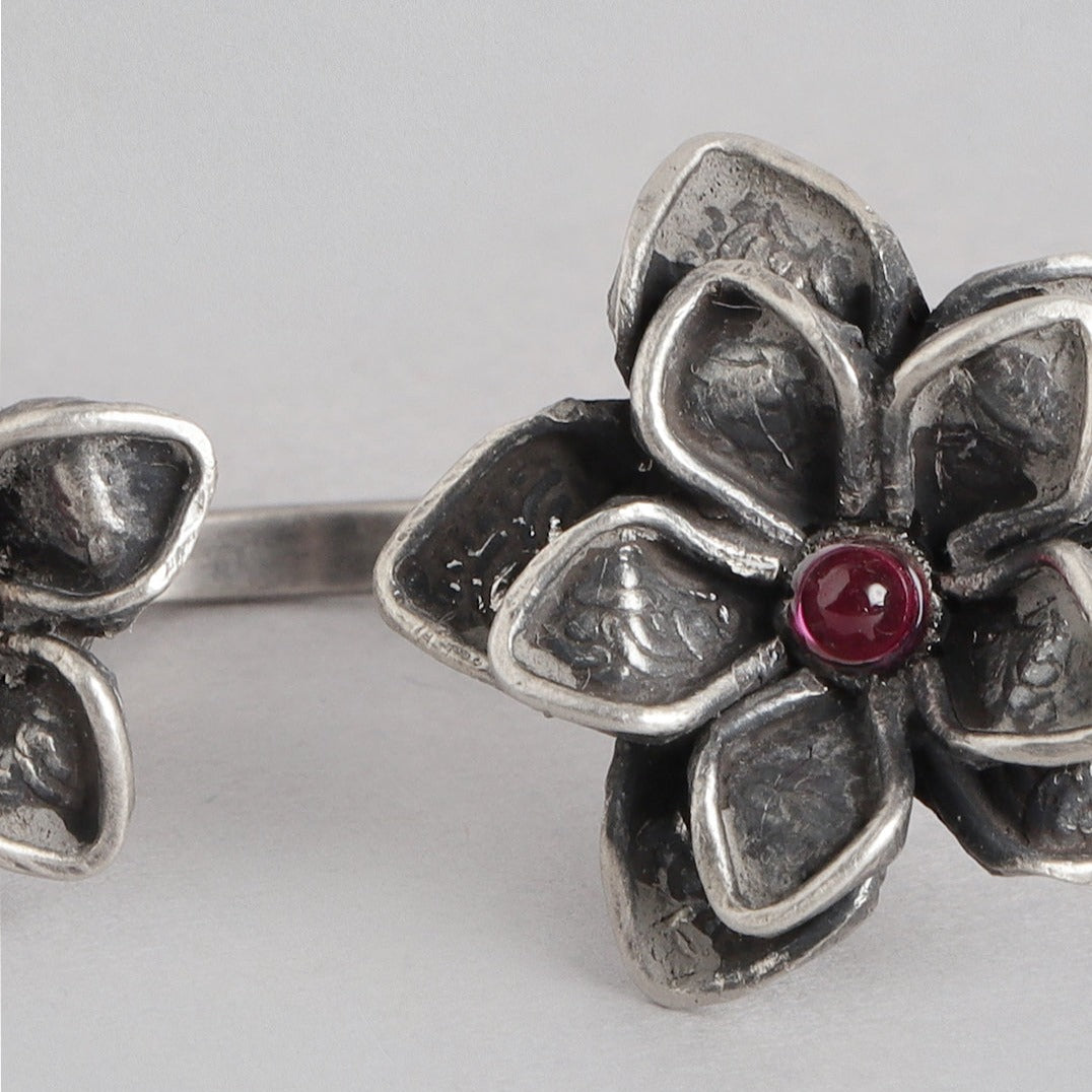 Duo Flower Oxidised 925 Sterling Silver Ring for Women (Adjustable)