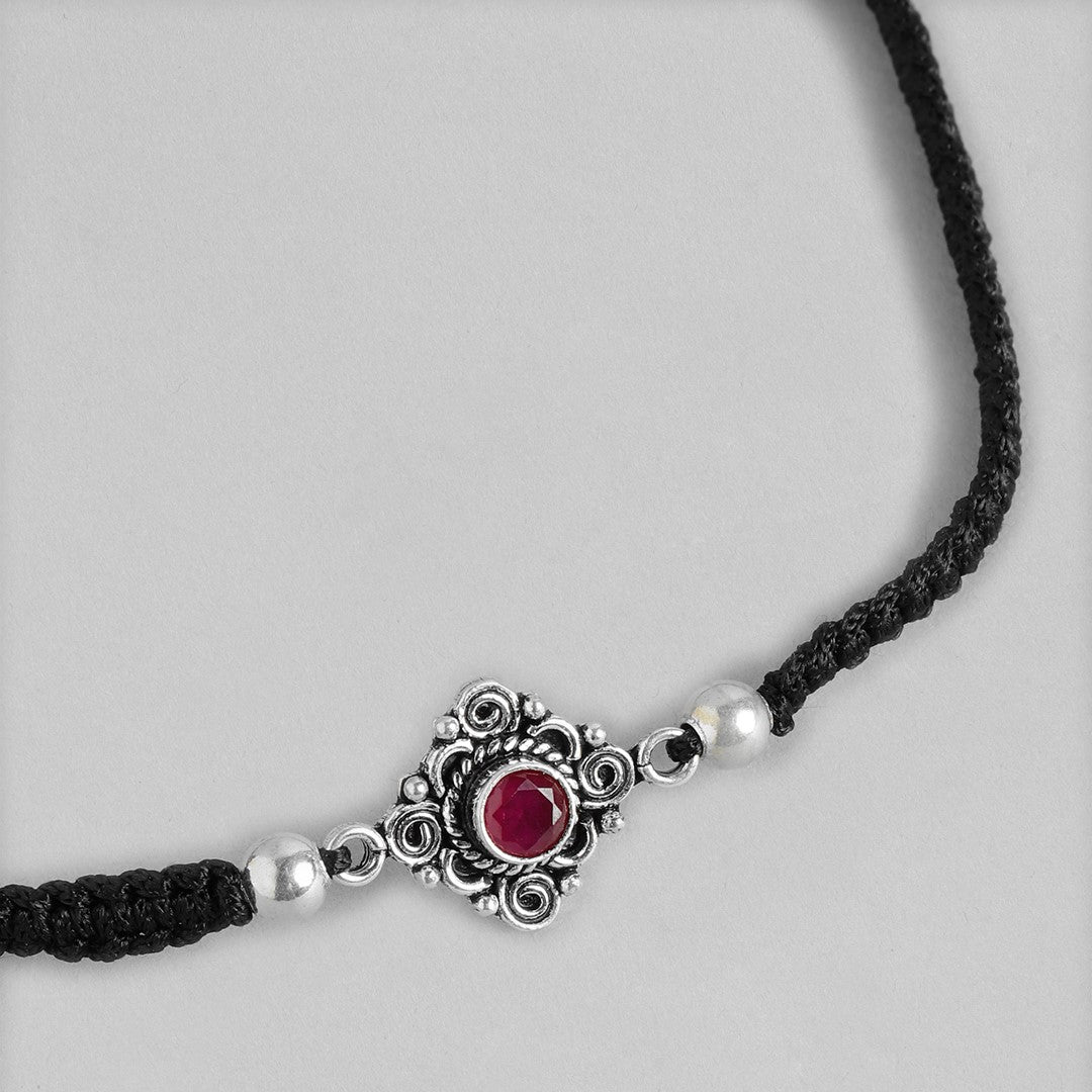 Floral Red Stone Rhodium Plated 925 Sterling Silver Thread Anklet