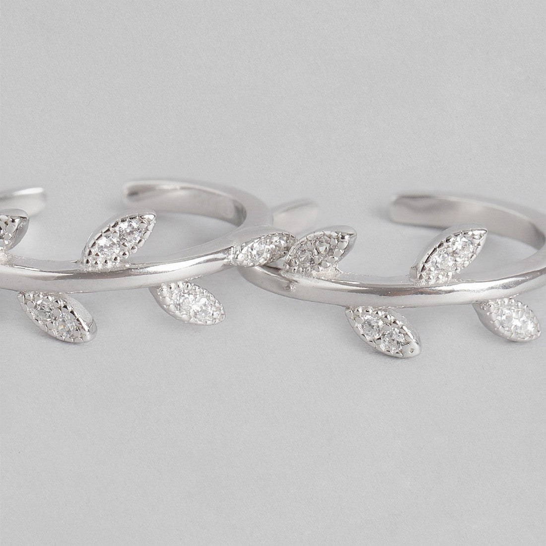 Classy CZ Leaf Rhodium Plated 925 Sterling Silver Toe Rings
