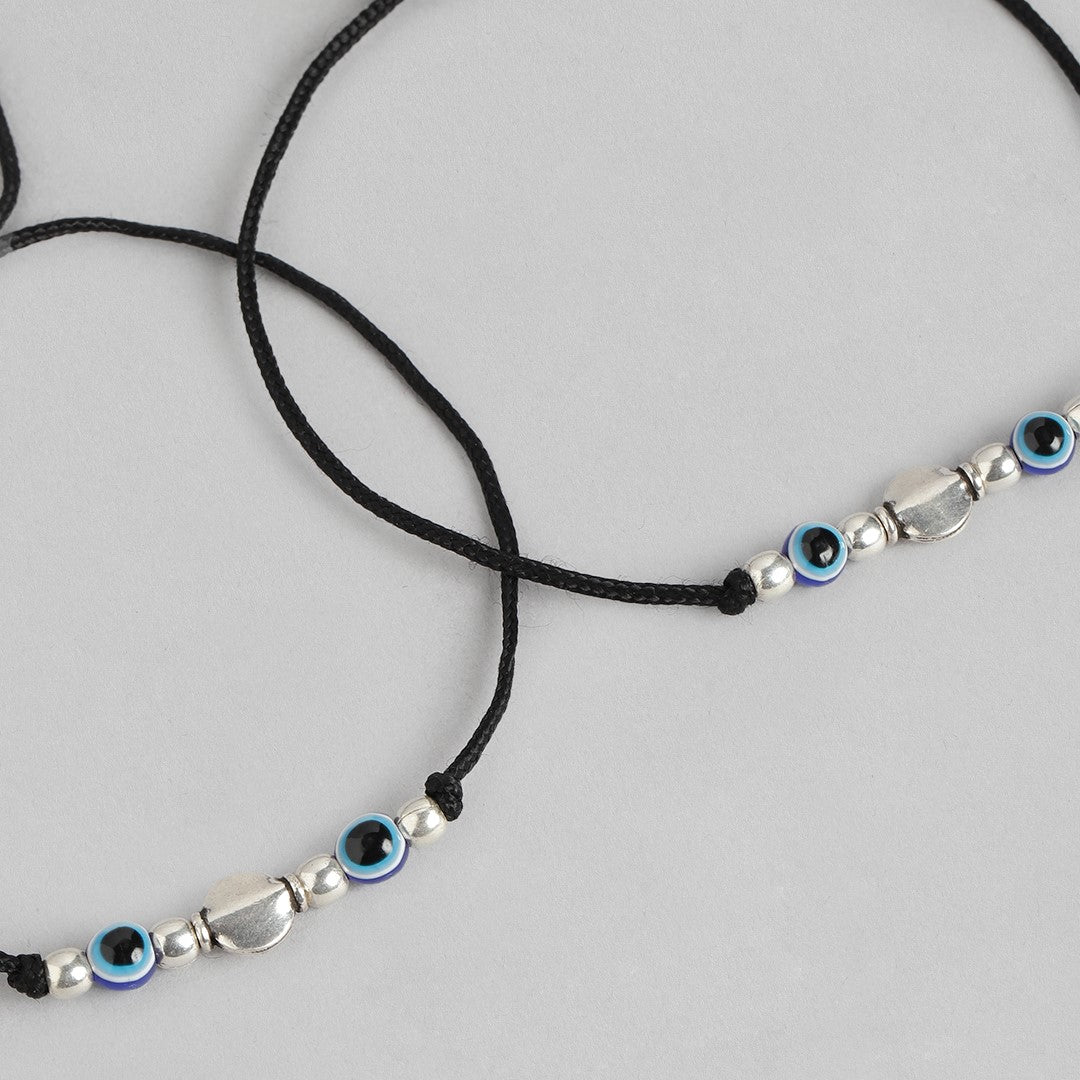 Dual Evil Eye Rhodium Plated 925 Sterling Silver Thread Anklet