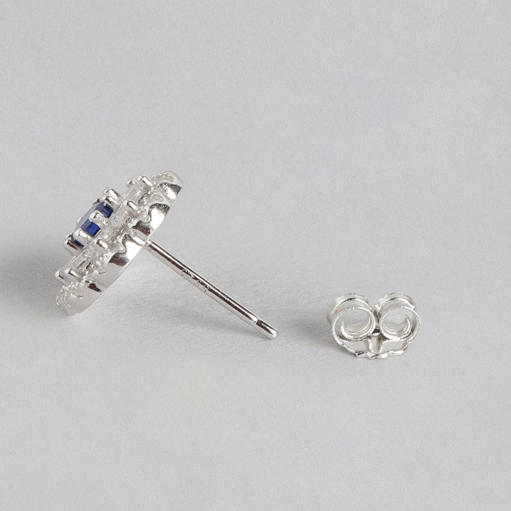 Floral Blue Stone Studded 925 Sterling Silver Stud Earrings