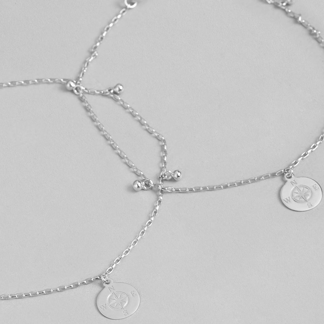 Rhodium Plated Compass 925 Silver Anklet