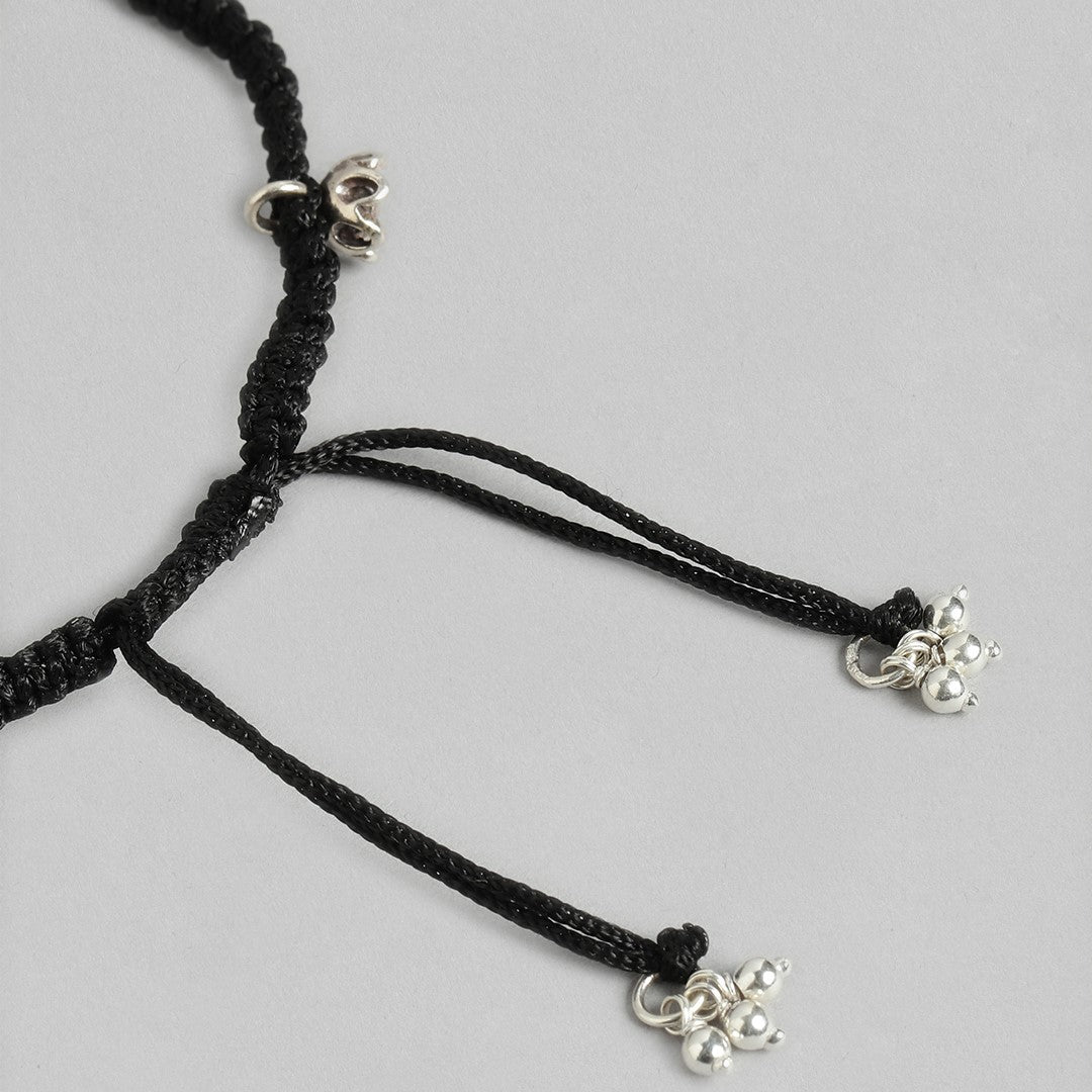 Black Thread with Floral Charms 925 Silver Anklet