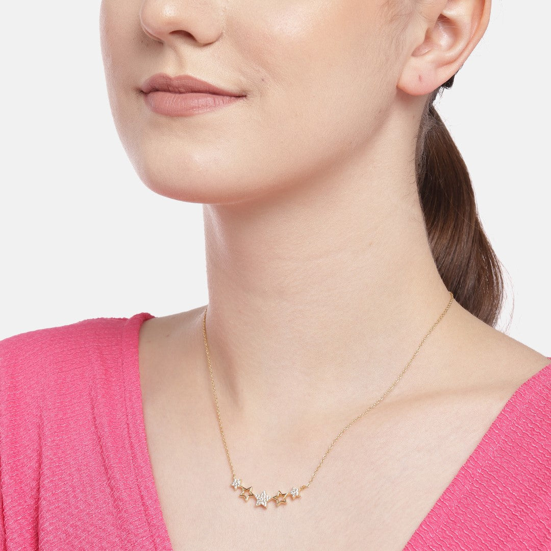 Golden Star Studded With CZ 925 Sterling Silver Necklace