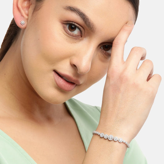 CZ Studded Rhodium Plated Bracelet & Earring Combo