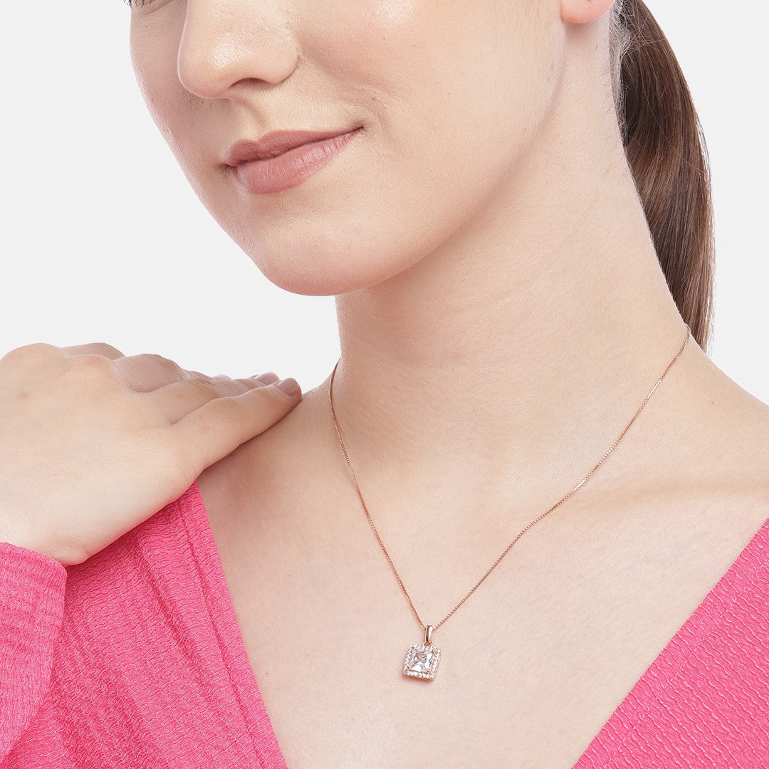 Square Solitaire Rose Gold Plated 925 Sterling Silver Pendant with Chain
