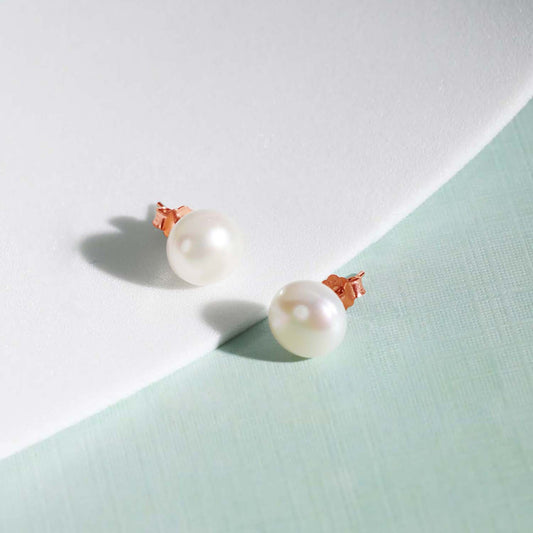 Rose Gold Plating Delicate Dot Pearl 925 Silver Earrings ( 8mm Pearl )