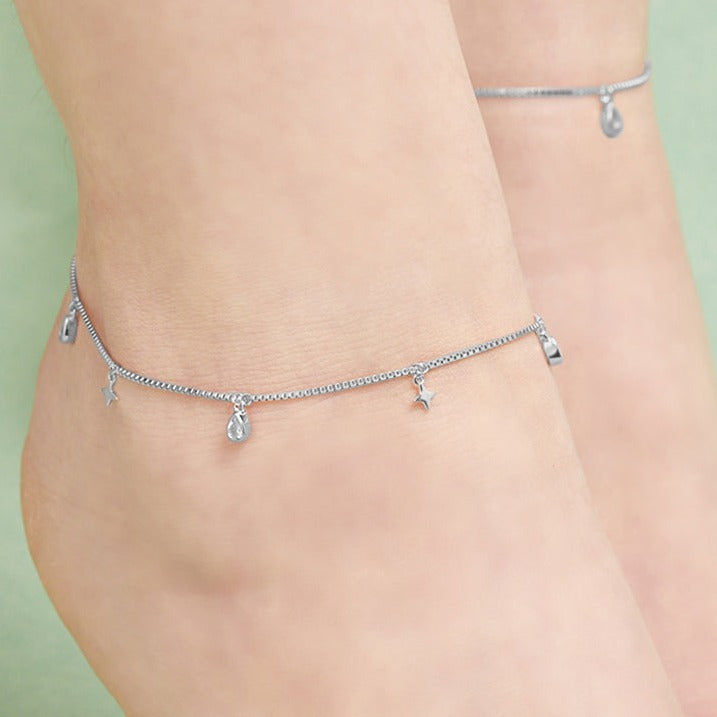Star CZ Charms Rhodium Plated 925 Sterling Silver Anklet