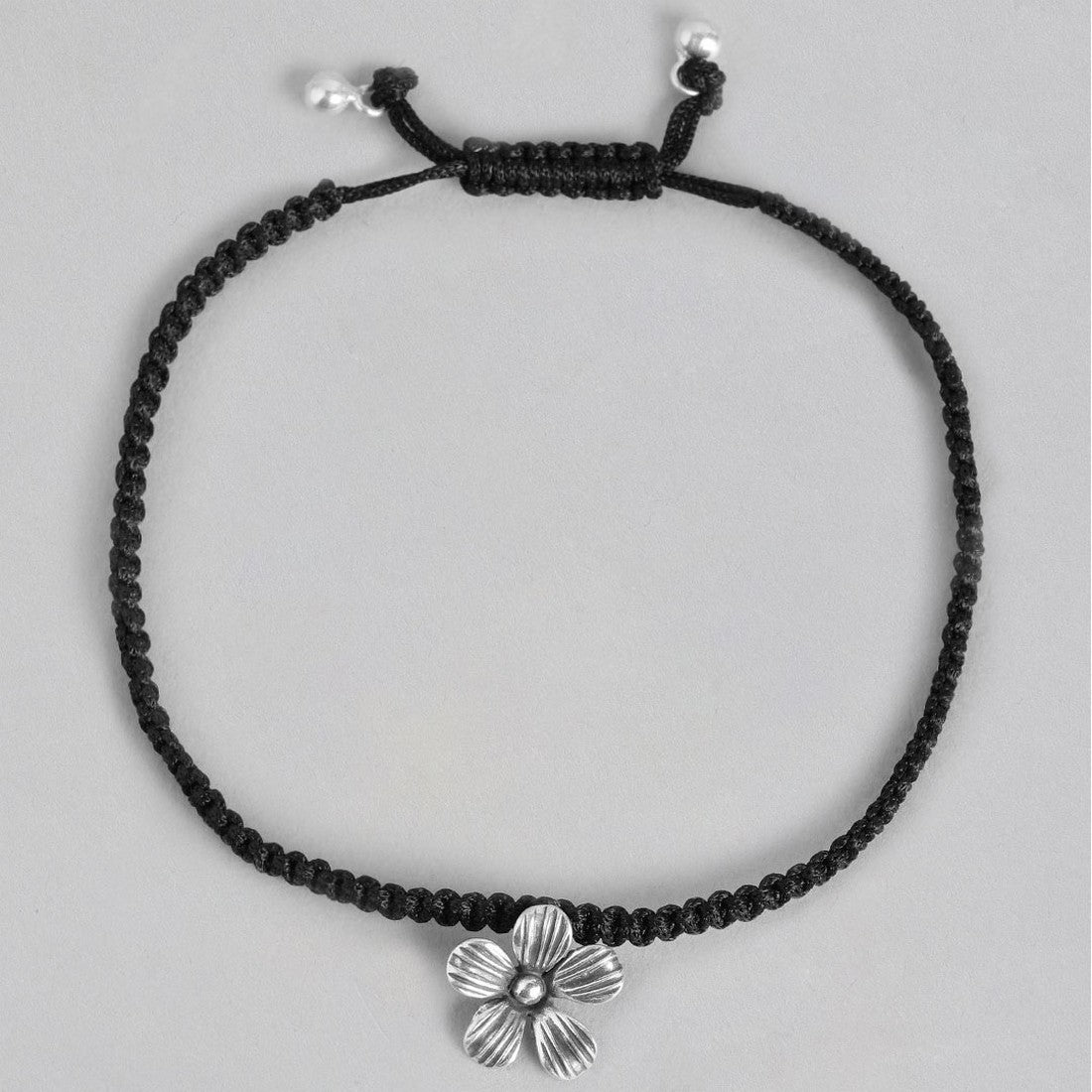 Floral Charm 925 Silver Black Thread Anklet