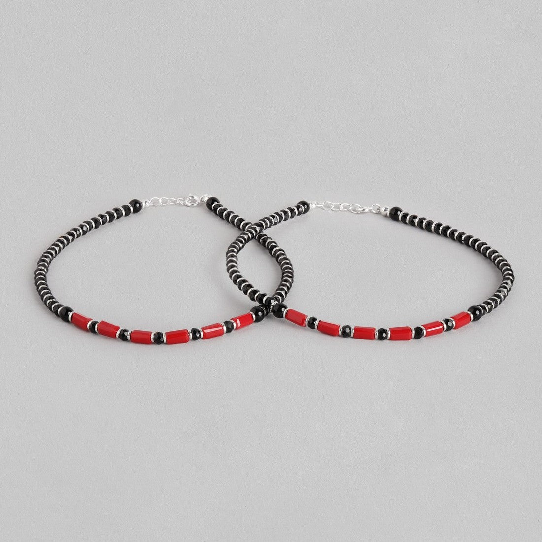 Classic Black & Red Beaded 925 Sterling Silver Anklet