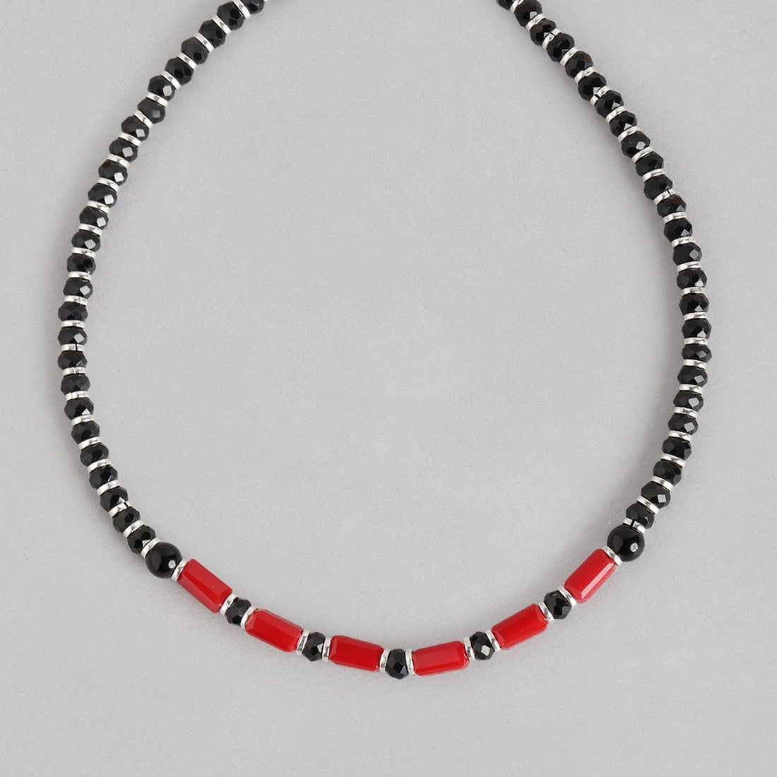 Classic Black & Red Beaded 925 Sterling Silver Anklet