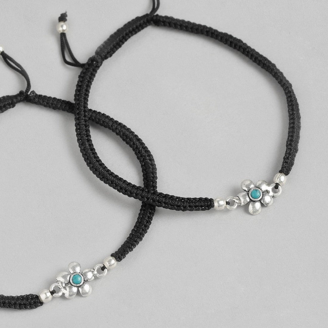 Floral Blue Rhodium Plated 925 Sterling Silver Thread Anklet