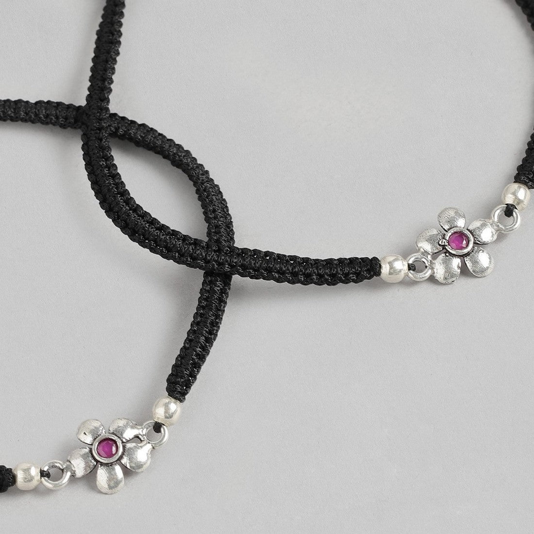 Red Floral Stone Rhodium Plated 925 Sterling Silver Thread Anklet