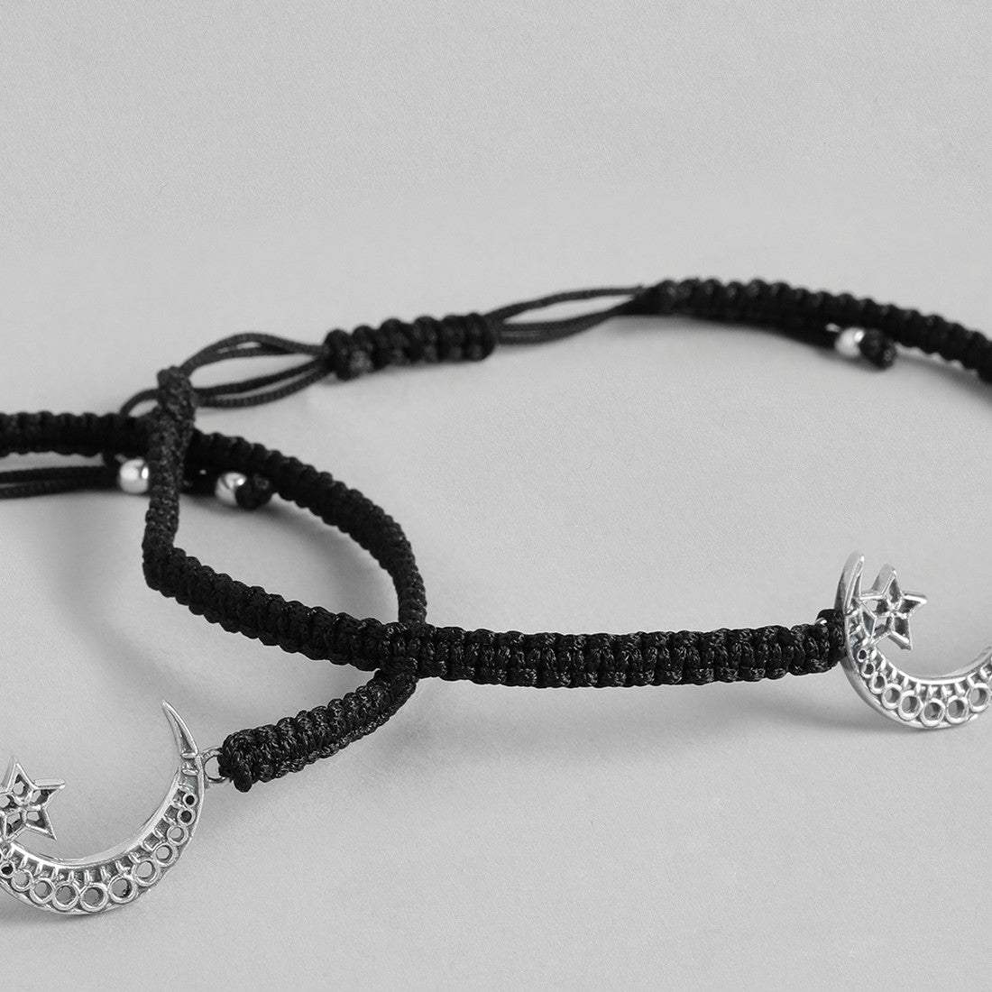 Star and Moon Black thread Silver Anklet