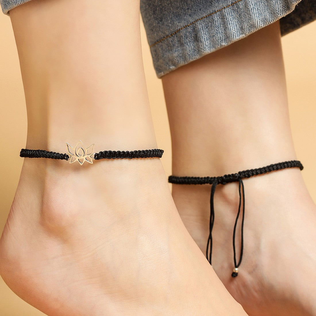 Simple Lotus Black Thread Silver Anklet