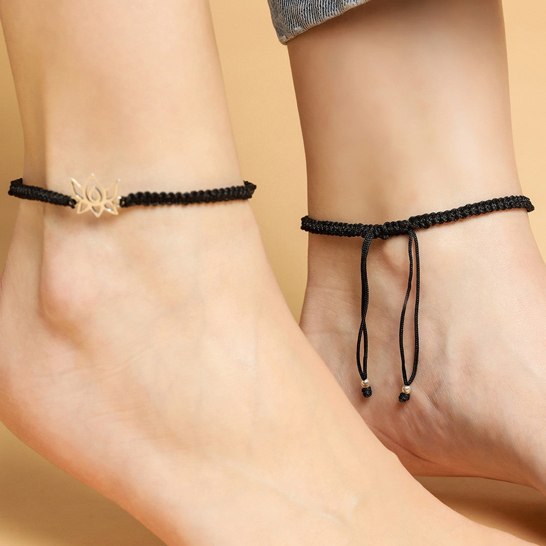 Simple Lotus Black Thread Silver Anklet