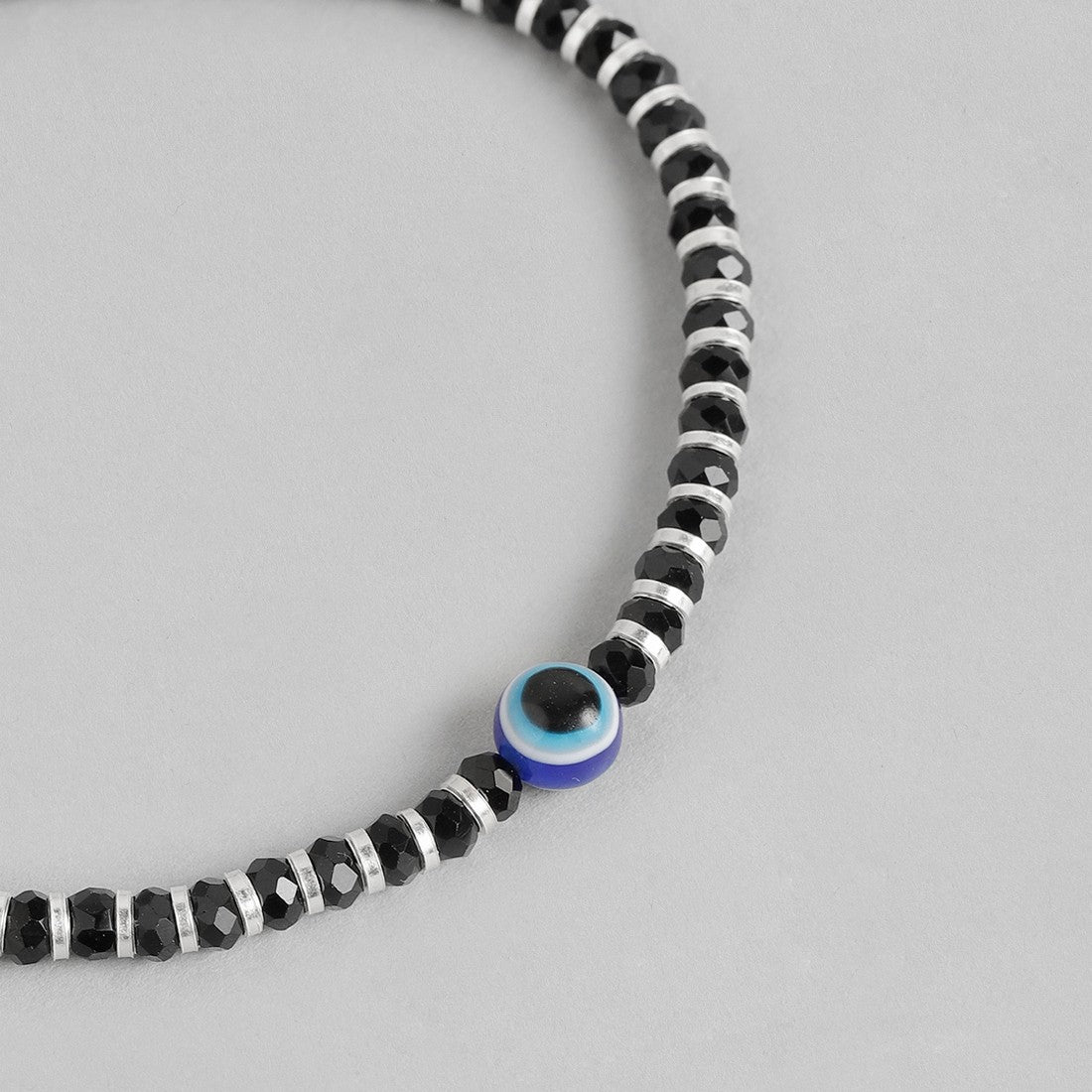 Black Beads with Evil Eye 925 Silver Bold Bracelet in Silver Chain