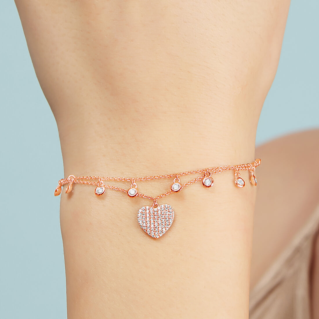 Truly Captivating Heart Charms 925 Silver Bracelet in Rose Gold